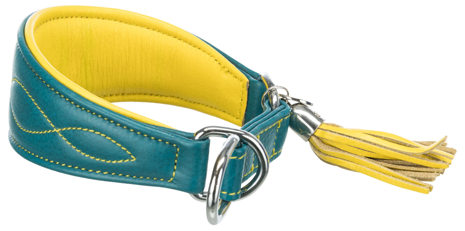 TRIXIE Kožený obojek ACTIVE Comfort pro chrty - petrolejová/žlutá XS-S:24-31cm/50mm