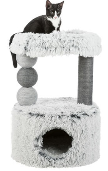 TRIXIE Škrábadlo HARVEY, kukaň, 2 sloupky, odpočívadlo 73cm, dlouhovlasý plyš, šedá