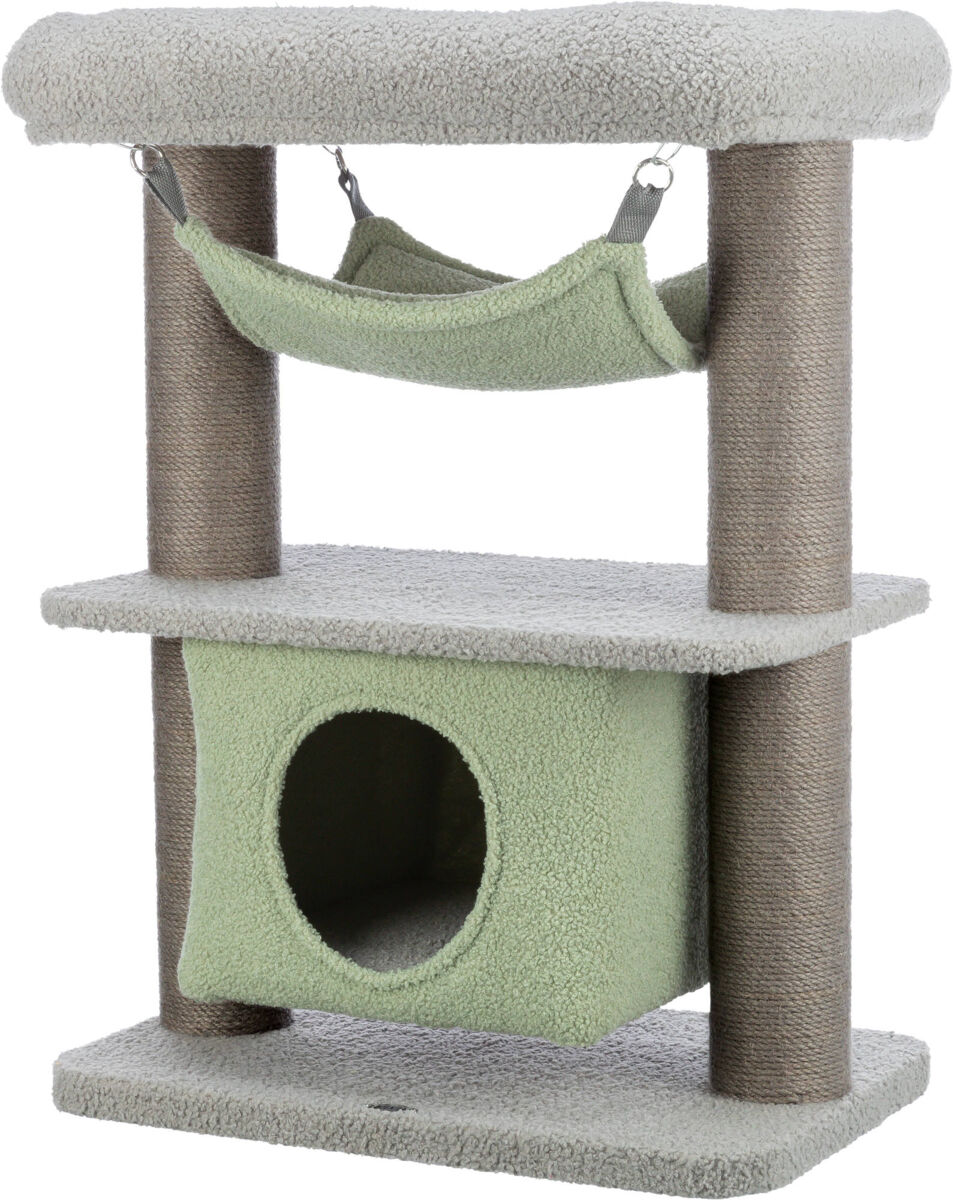 JUNIOR škrábadlo LUNITO, 2 patra, jeskyně, hammock, 71 cm, šedá/mátová
