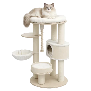 PetBuddy škrabadlo SCANNO 69 x 69 x 161 cm, plyš/sloupky s papírovým provazem, krémová/přírodní
