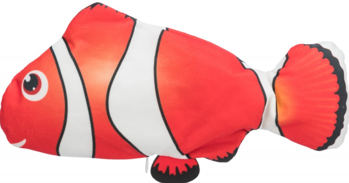 Ryba "NEMO" jako živá, mrskající se, s catnipem, látka, 26 cm (RP 0,90 Kč)