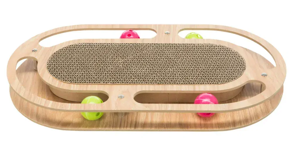 TRIXIE Škrábací karton v dřevěném rámu, s catnipem a hračkami, 45x4x25cm