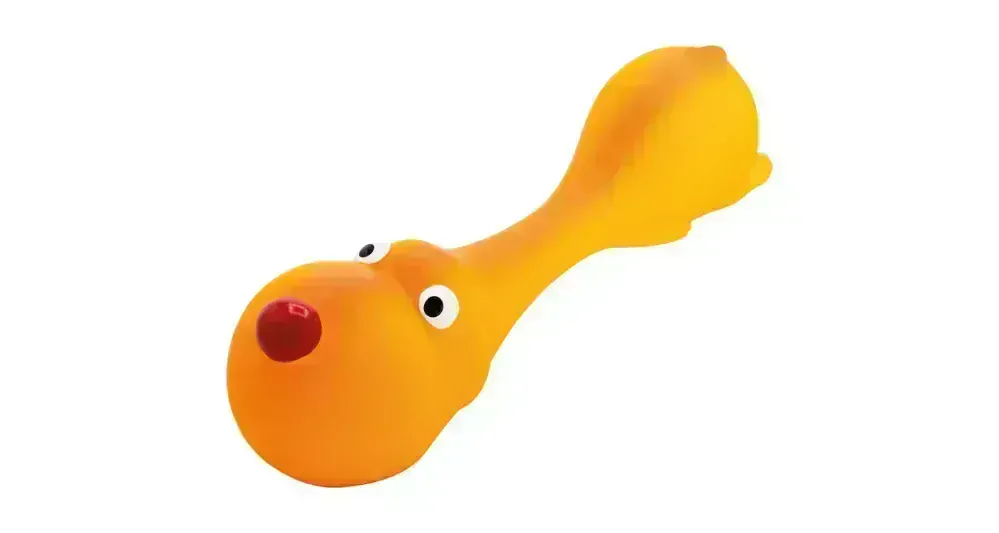 Psík ležící - tvar činky, se zvukem, 22 cm, latex, oranžová, HipHop