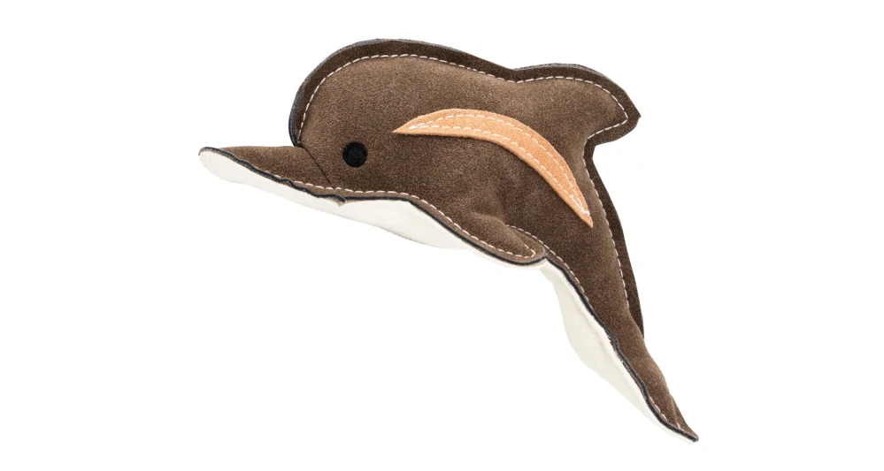 Delfín, 22 cm, kožená robustní hračka, HIPHOP DOG, hnědošedá/bílá