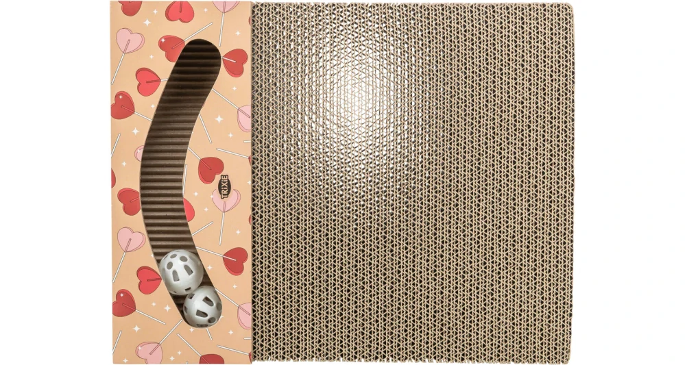 TRIXIE Škrabací karton VALENTINE, s míčky a catnipem, 38 x 5 x 30 cm, meruňková - LIMITOVANÁ NABÍDKA