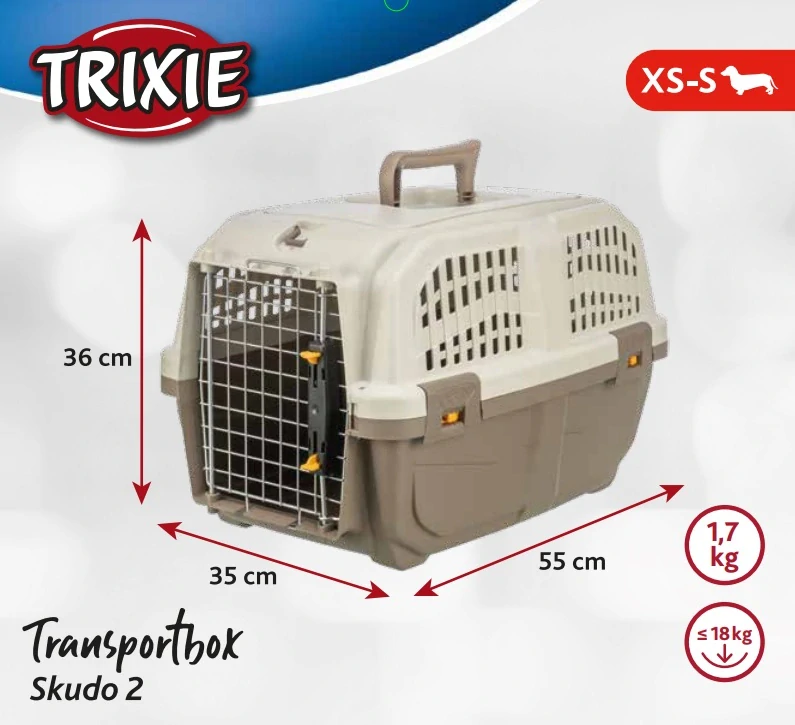 TRIXIE Transportní přepravka SKUDO 2, XS-S, 35x36x55 cm, tmavě šedá/písková (max. 18kg)