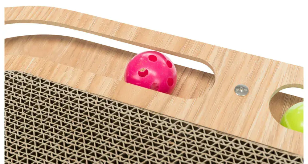 TRIXIE Škrábací karton v dřevěném rámu, s catnipem a hračkami, 45x4x25cm