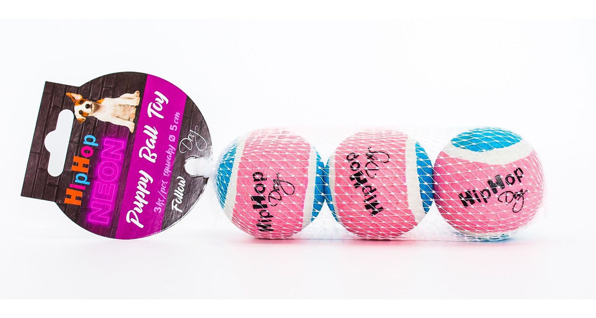 Balení-neonový ve tmě HIPHOP DOG svítící tenis. míč pískací 5 cm (3 ks/bal)
