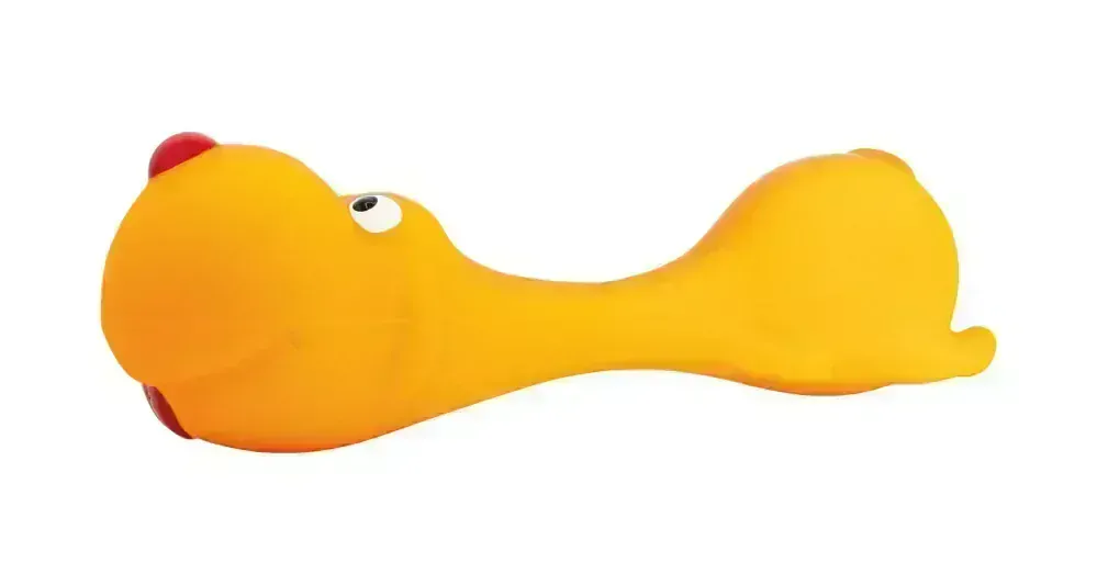 Psík ležící - tvar činky, se zvukem, 22 cm, latex, oranžová, HipHop