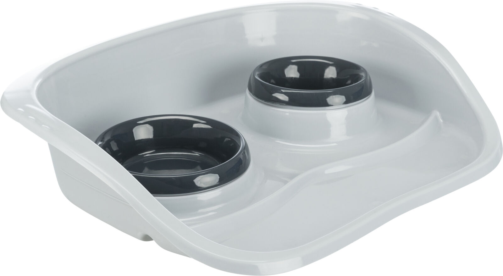 TRIXIE Plastový bar se 2 miskami (0,25 l/ 9cm a 0,3 l/11cm), 46x11x30 cm, šedá/různé