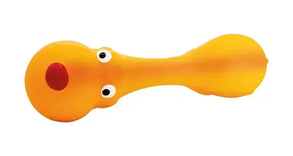 Psík ležící - tvar činky, se zvukem, 22 cm, latex, oranžová, HipHop