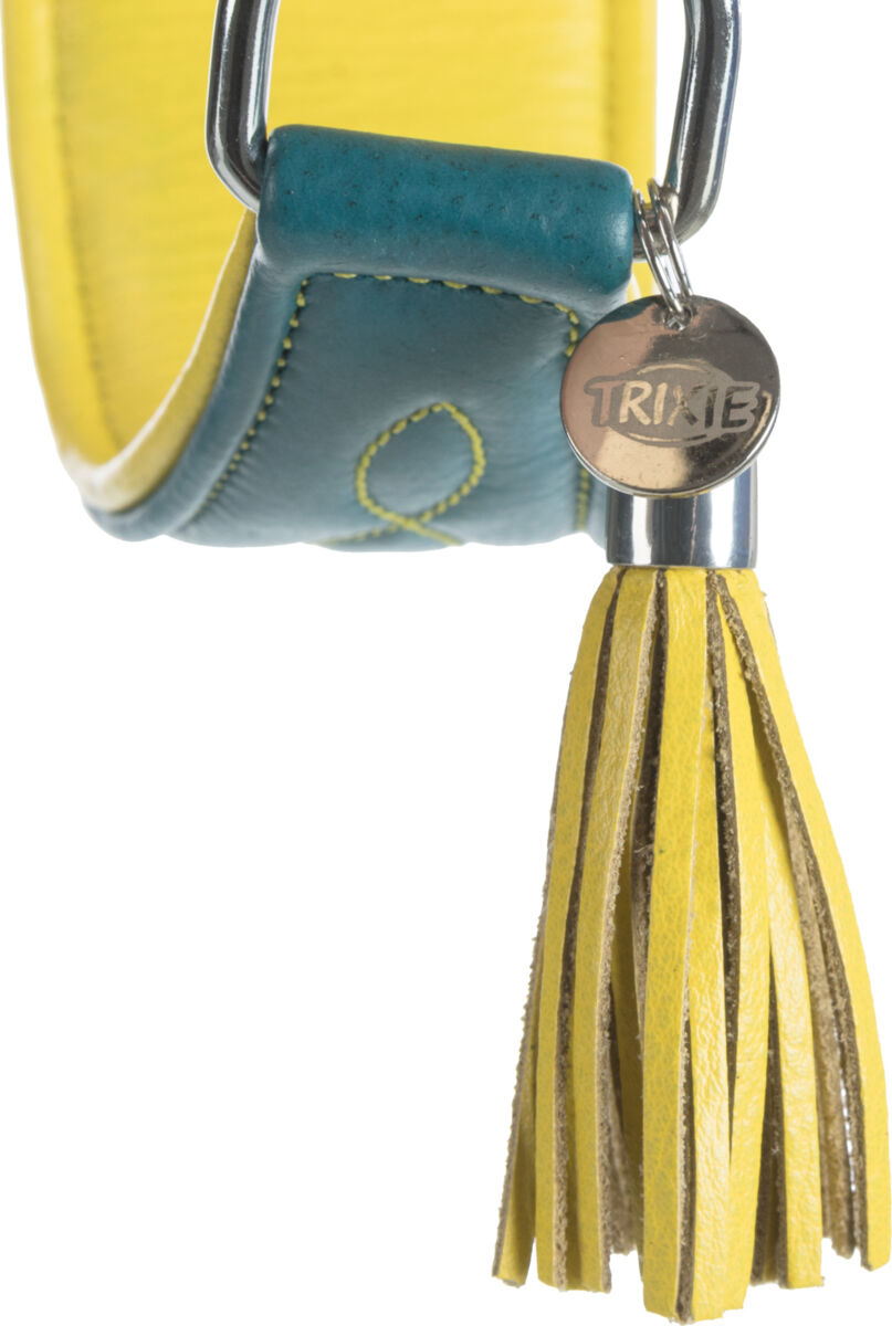 TRIXIE Kožený obojek ACTIVE Comfort pro chrty - petrolejová/žlutá S-M:33-42cm/60mm