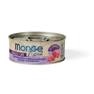 MONGE NATURAL tuňák s kuřecími prsy a hovězím pro kočky 80 g